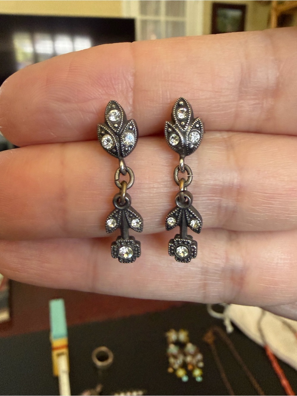 Delicate Black Crystal Leaf Drop Earrings